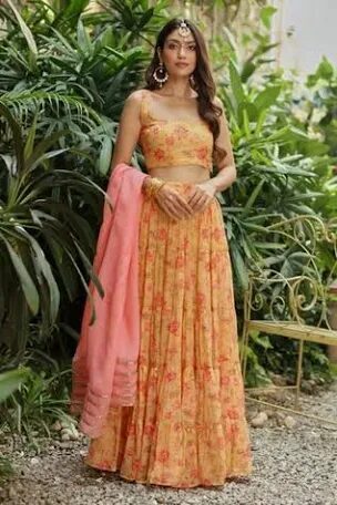 Blue lehenga with colorful floral embroidery