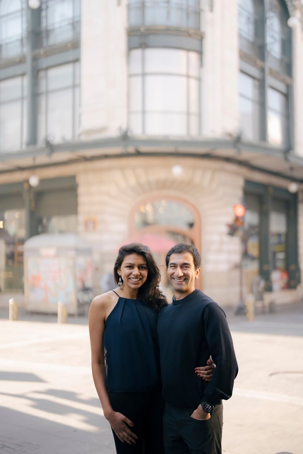 Esha and Rishi on a street corner in Puebla
